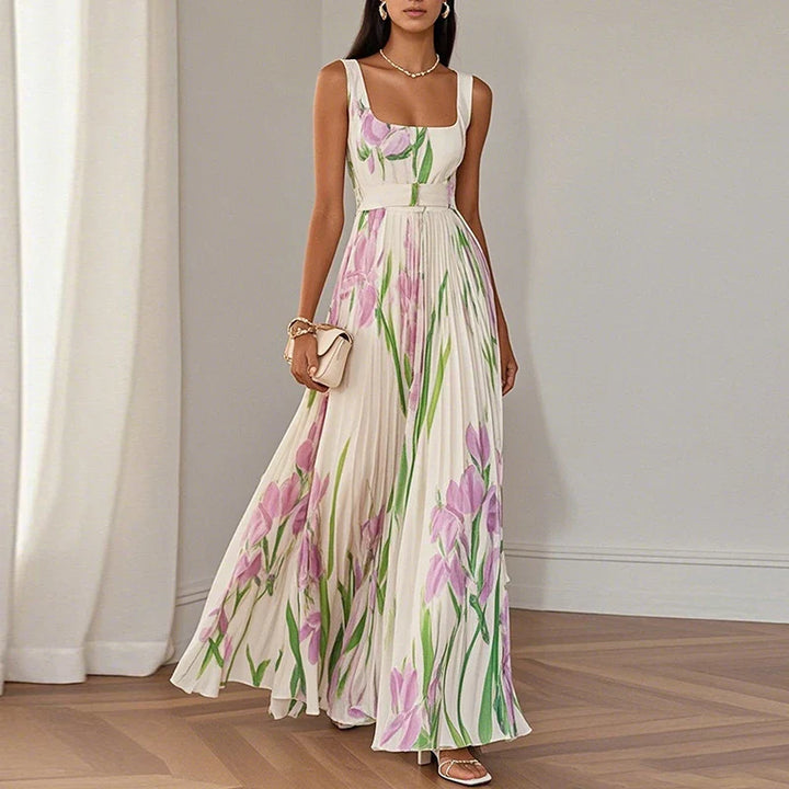 Floral Wrap A-Line Maxi Wedding Guest Dress with V-Neck and Spaghetti Straps
