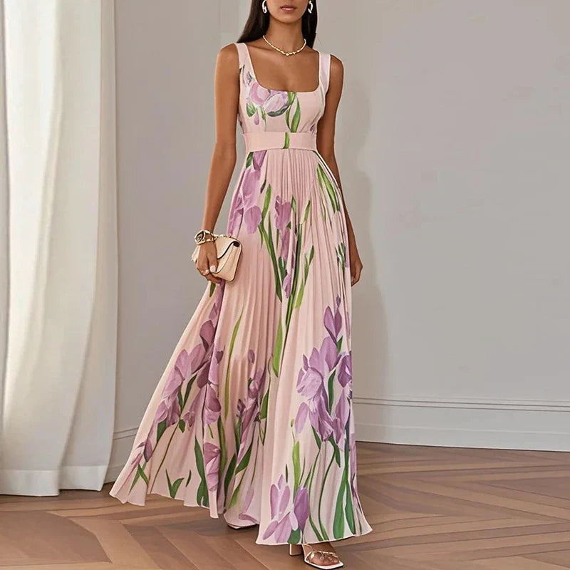 Floral Wrap A-Line Maxi Wedding Guest Dress with V-Neck and Spaghetti Straps