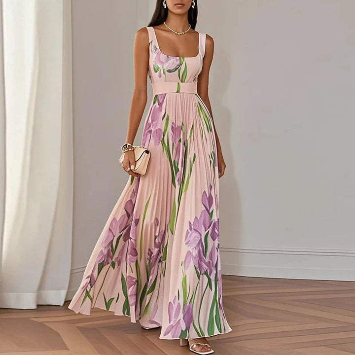 Floral Wrap A-Line Maxi Wedding Guest Dress with V-Neck and Spaghetti Straps