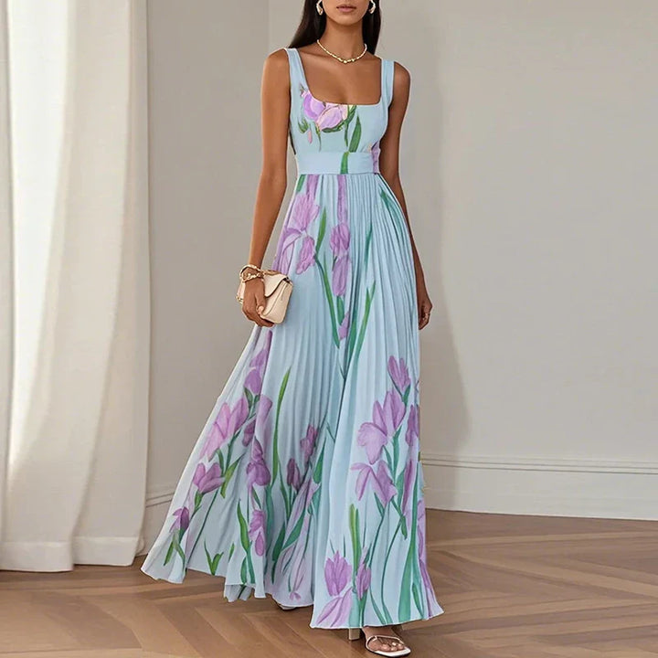 Floral Wrap A-Line Maxi Wedding Guest Dress with V-Neck and Spaghetti Straps