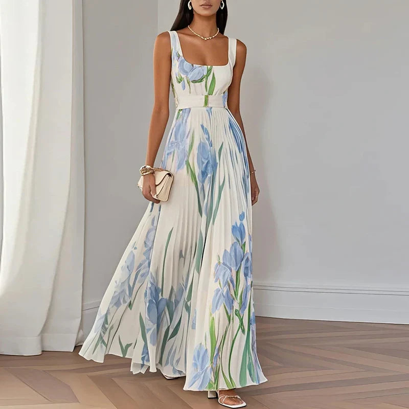 Floral Wrap A-Line Maxi Wedding Guest Dress with V-Neck and Spaghetti Straps