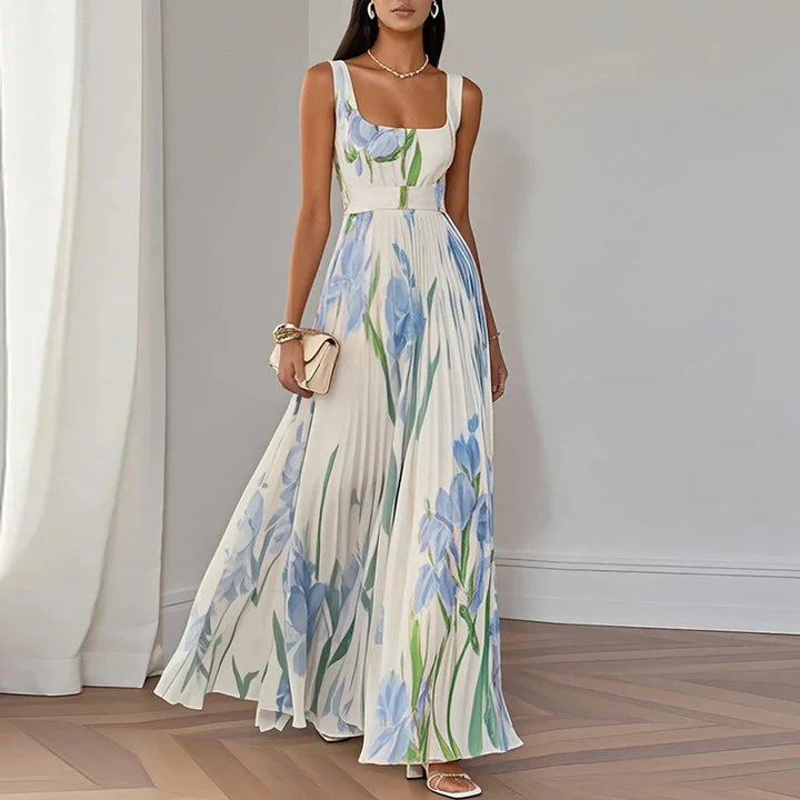 Floral Wrap A-Line Maxi Wedding Guest Dress with V-Neck and Spaghetti Straps
