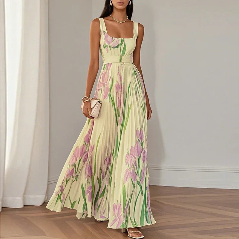 Floral Wrap A-Line Maxi Wedding Guest Dress with V-Neck and Spaghetti Straps