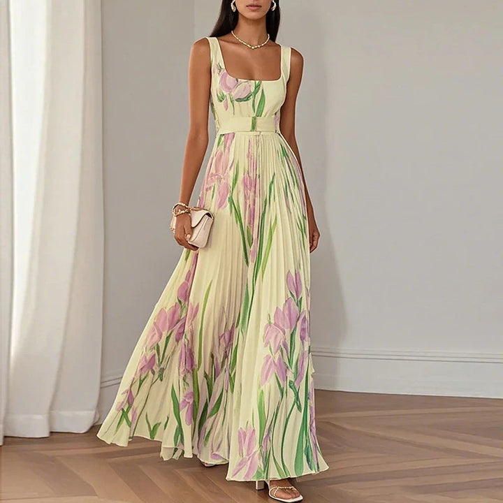 Floral Wrap A-Line Maxi Wedding Guest Dress with V-Neck and Spaghetti Straps