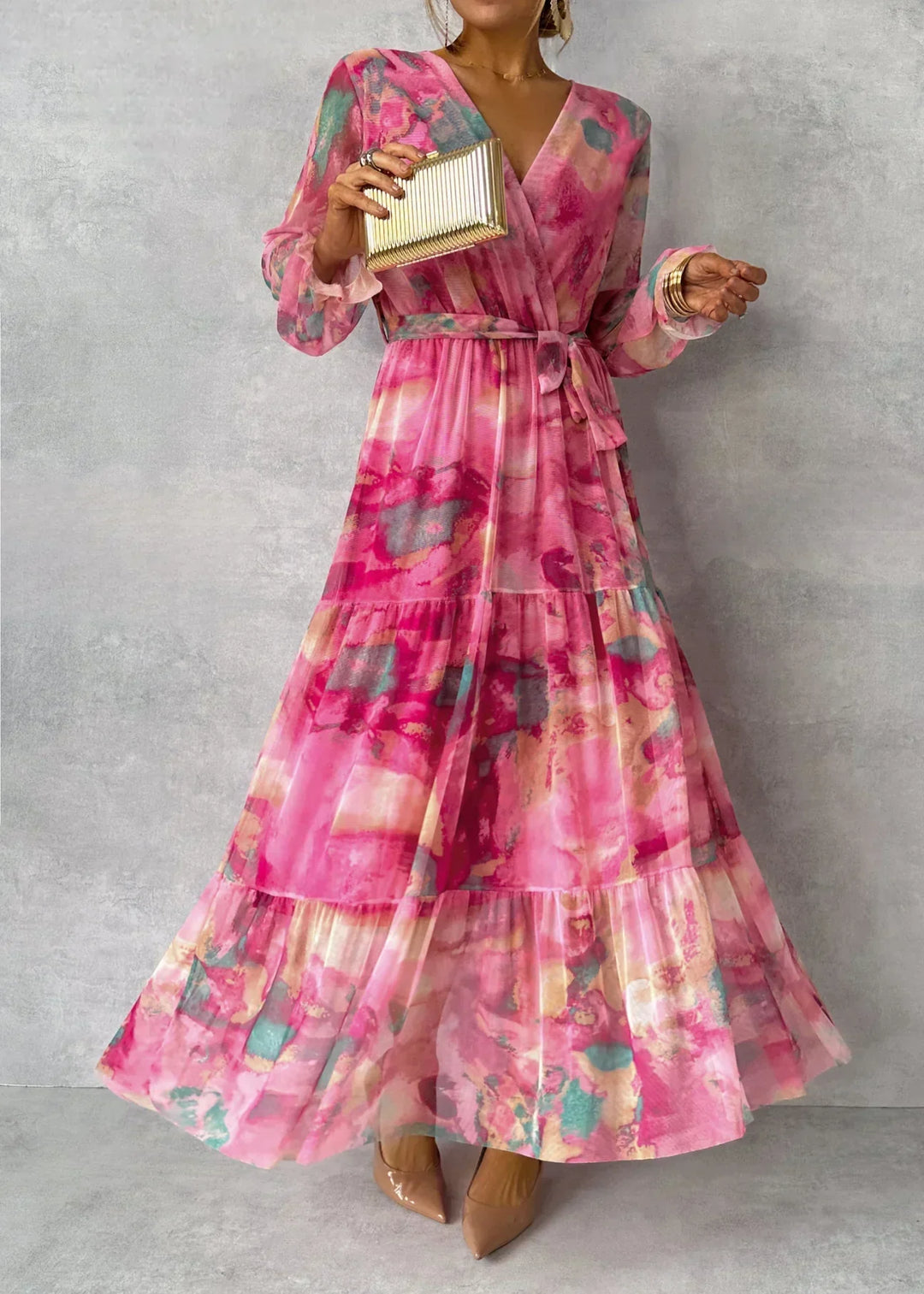 Floral Wrap Belted Dress with V-Neck and Long Sleeves