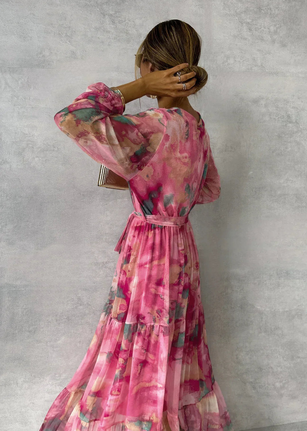 Floral Wrap Belted Dress with V-Neck and Long Sleeves