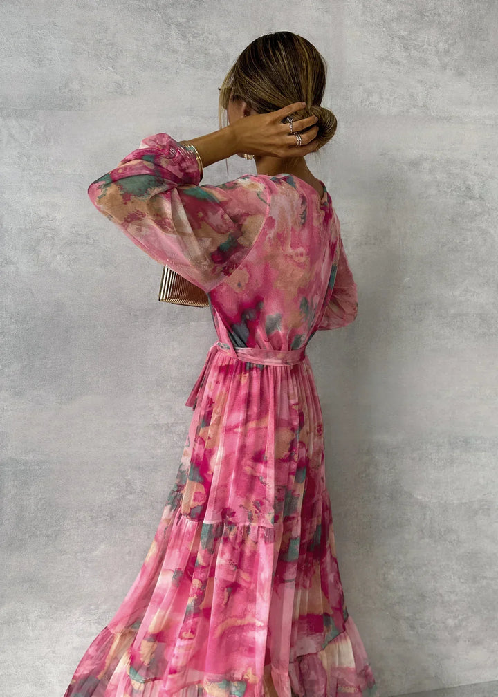 Floral Wrap Belted Dress with V-Neck and Long Sleeves
