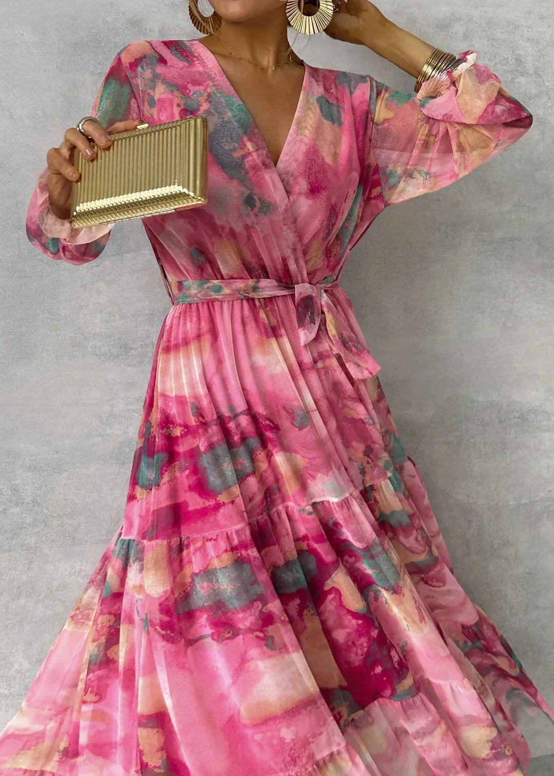 Floral Wrap Belted Dress with V-Neck and Long Sleeves