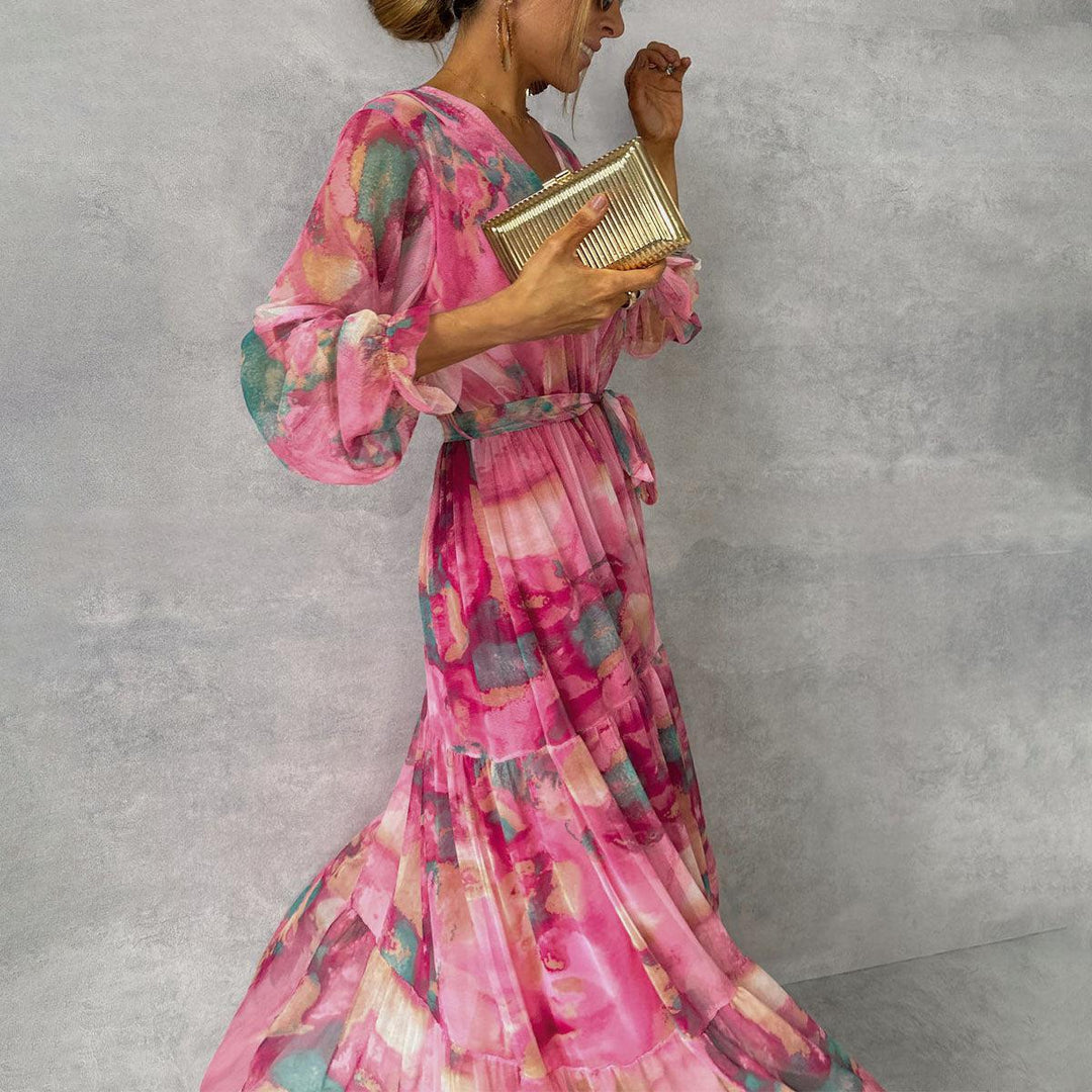 Floral Wrap Belted Dress with V-Neck and Long Sleeves