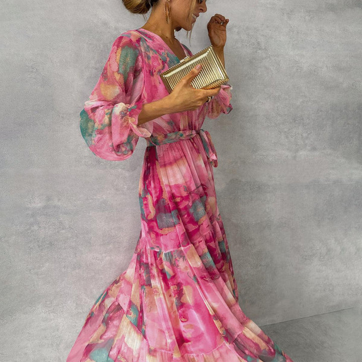 Floral Wrap Belted Dress with V-Neck and Long Sleeves