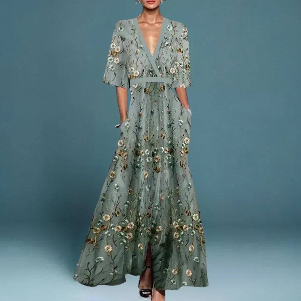 Floral Wrap Slit Maxi Dress with V-Neck