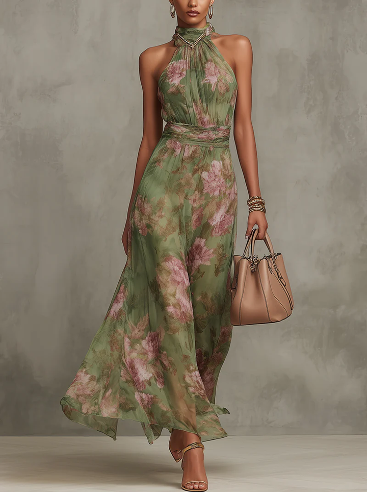 Floral Wrap Wedding Guest Dress with Halter Neckline