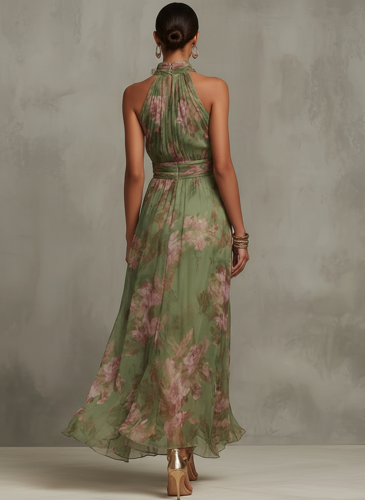 Floral Wrap Wedding Guest Dress with Halter Neckline