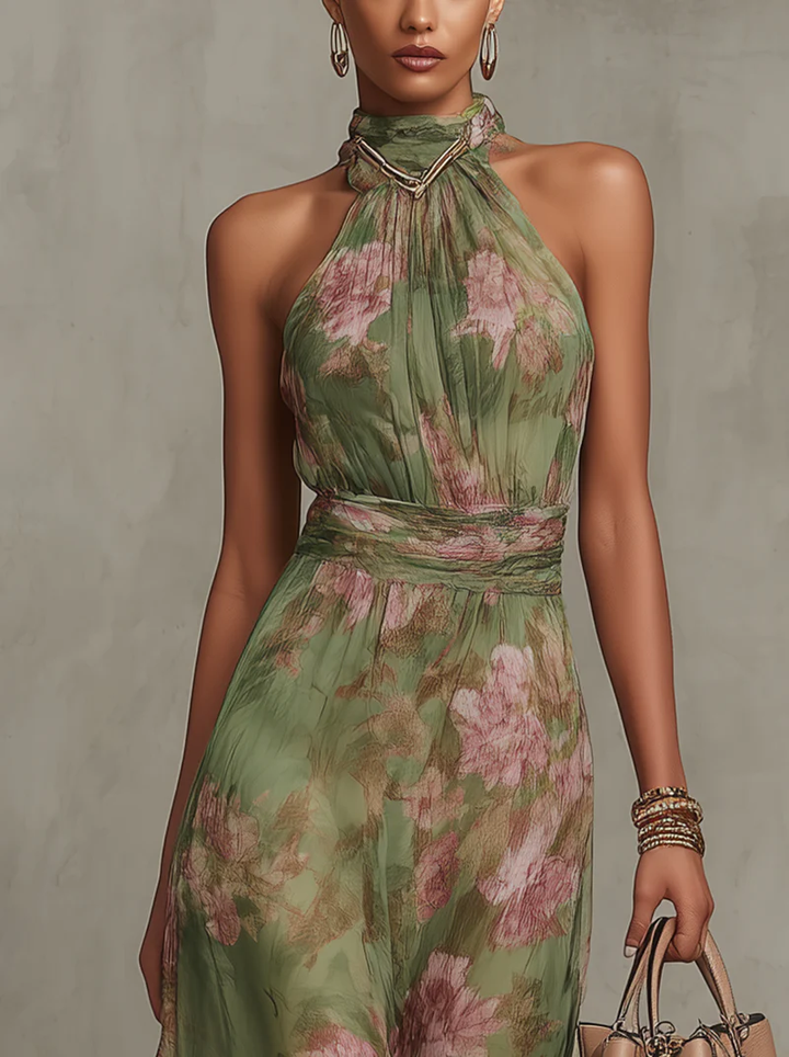 Floral Wrap Wedding Guest Dress with Halter Neckline