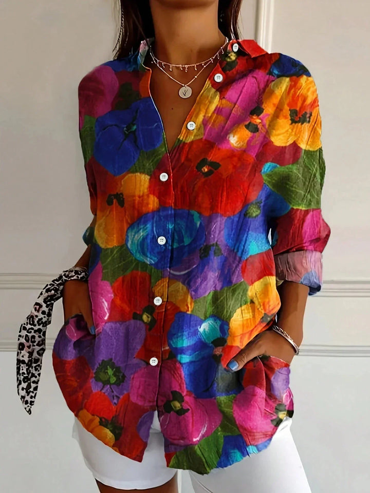 Geometric Button-Front Blouse with Long Sleeves