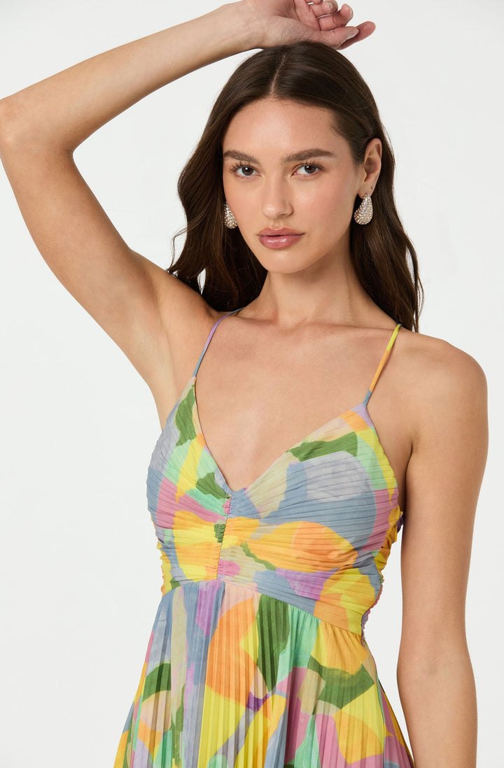 Geometric Pleated Open-Back Maxi Dress with V-Neck