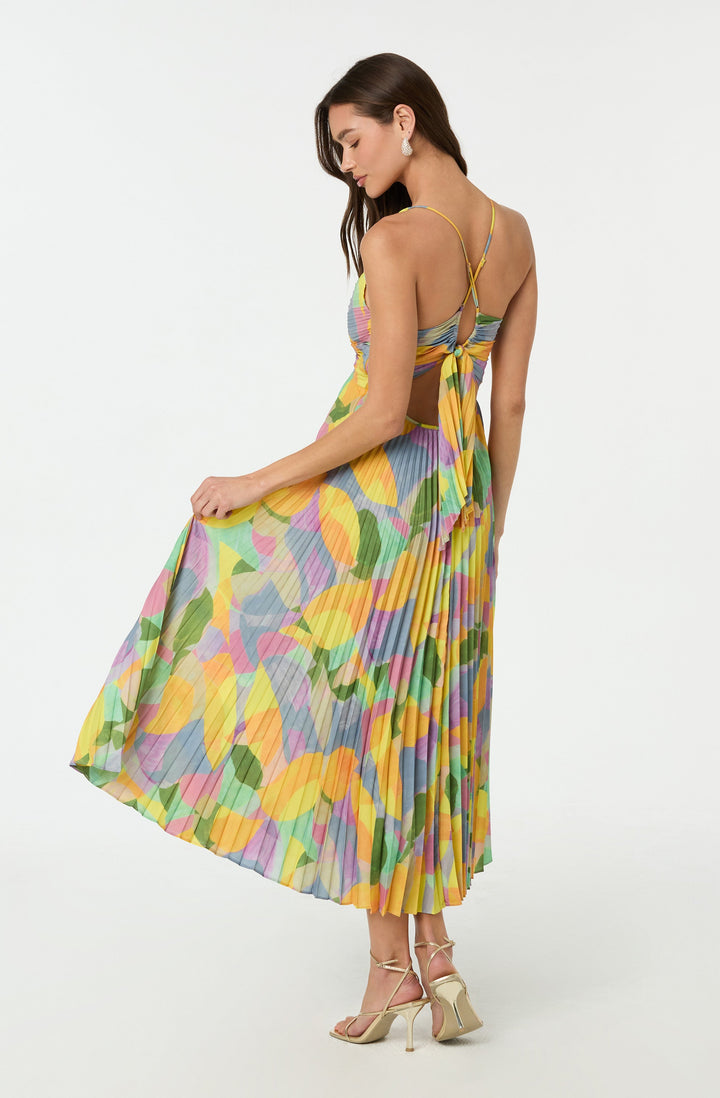 Geometric Pleated Open-Back Maxi Dress with V-Neck
