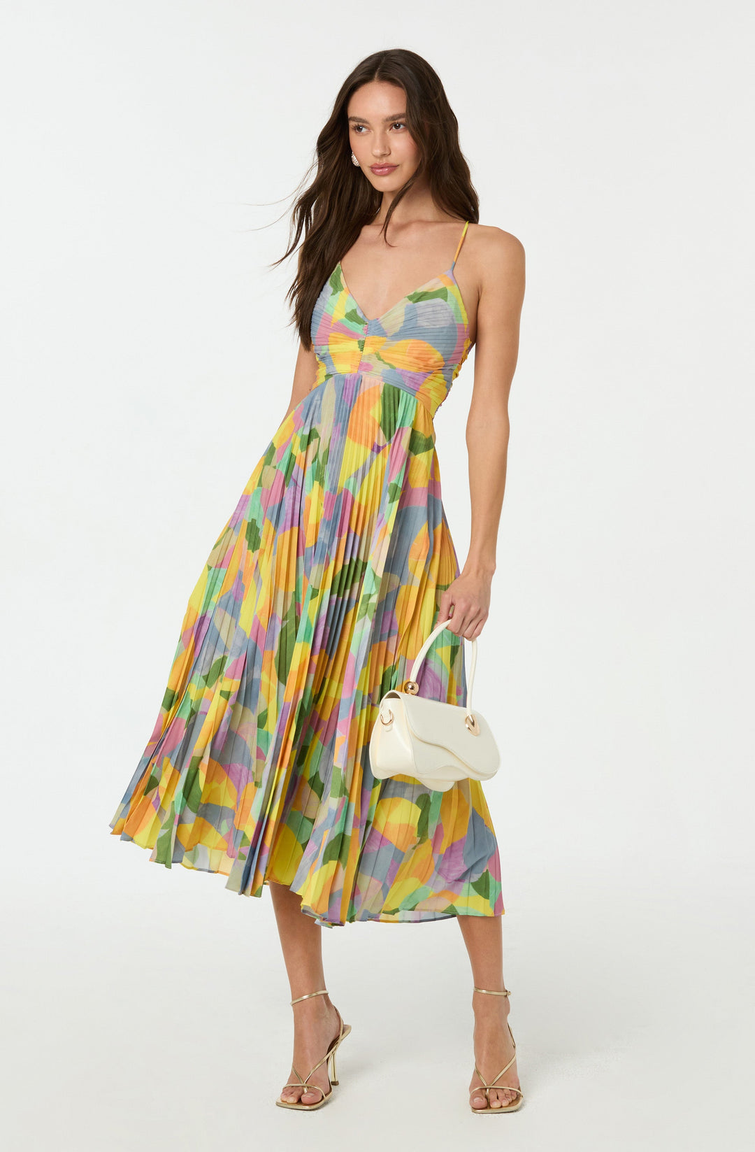 Geometric Pleated Open-Back Maxi Dress with V-Neck