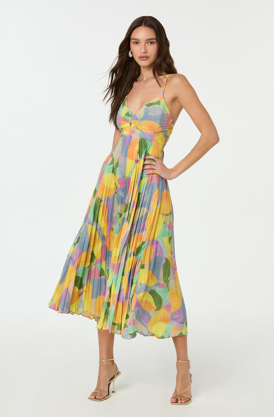 Geometric Pleated Open-Back Maxi Dress with V-Neck