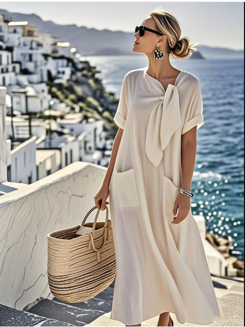 Maxi Dress with Round Neck and Short Sleeves