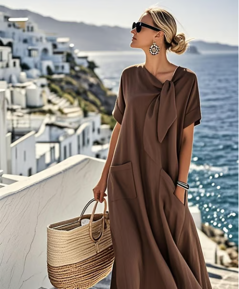 Maxi Dress with Round Neck and Short Sleeves