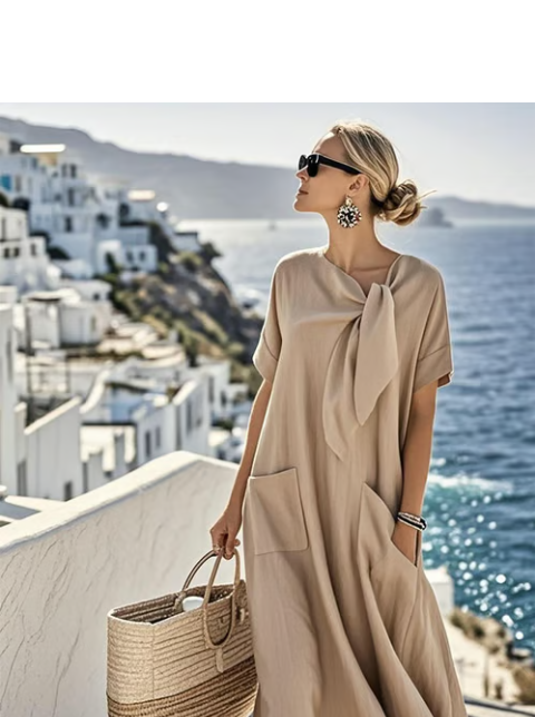 Maxi Dress with Round Neck and Short Sleeves