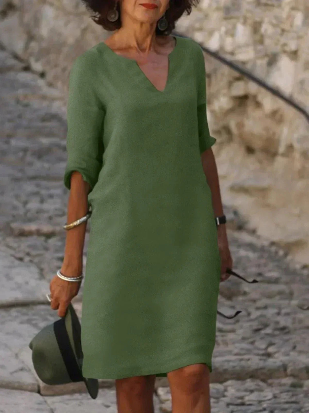 Maxi Dress with V-Neck and Three-Quarter Sleeves