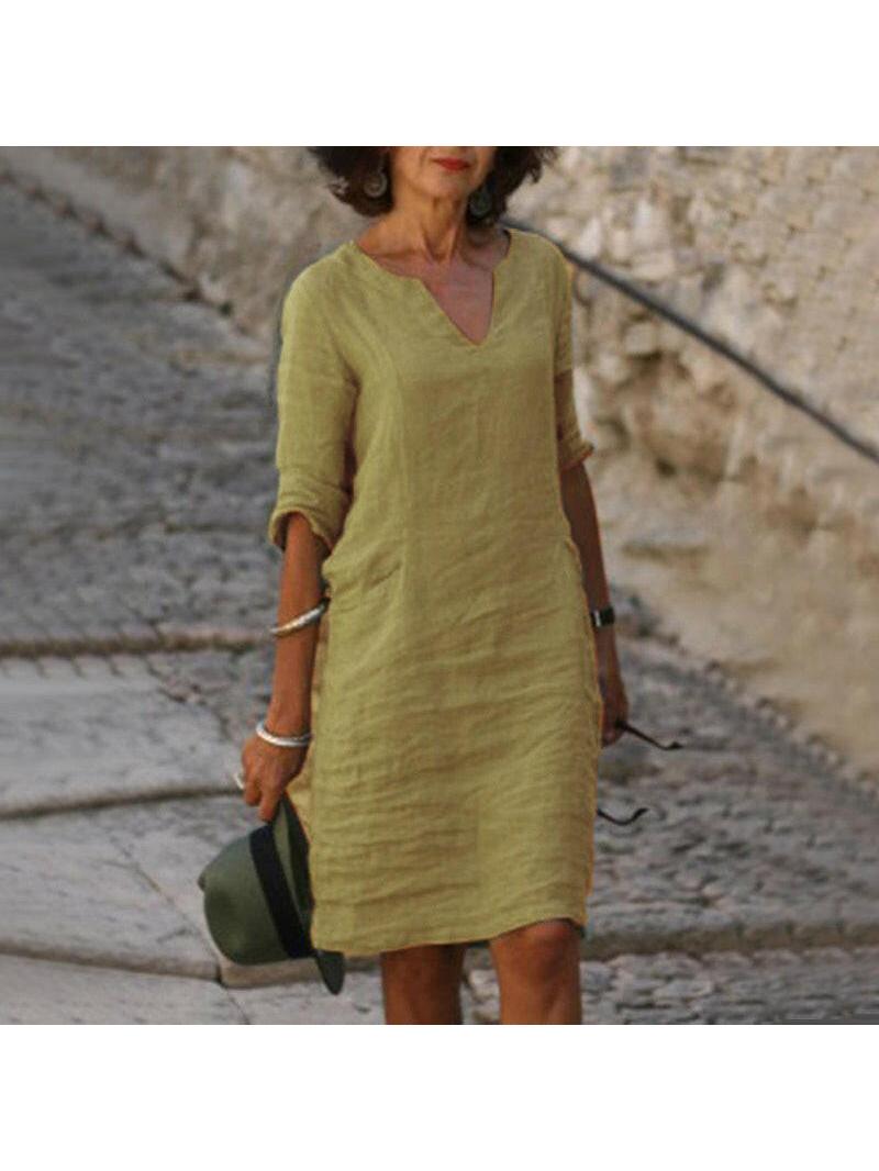 Maxi Dress with V-Neck and Three-Quarter Sleeves