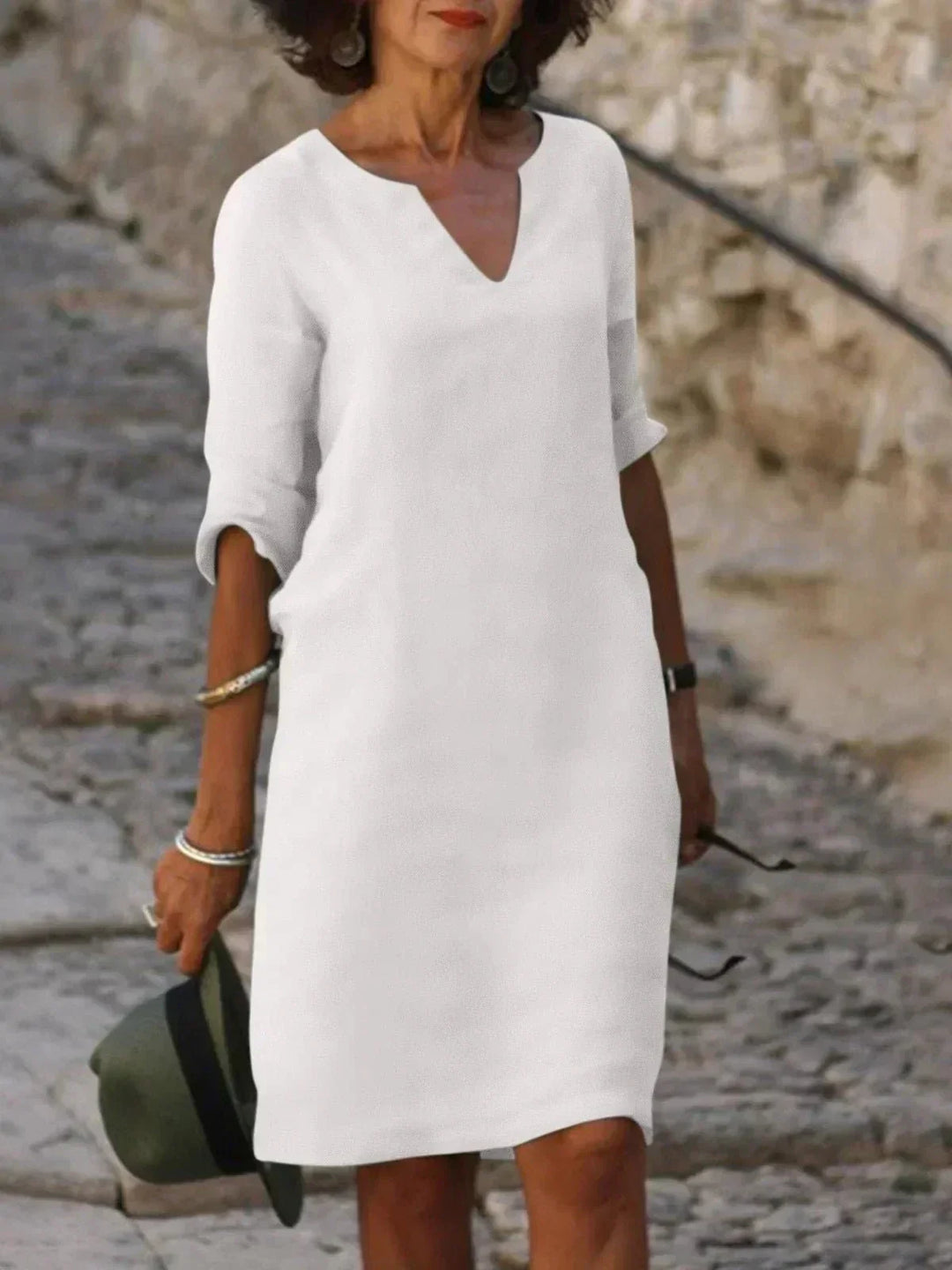 Maxi Dress with V-Neck and Three-Quarter Sleeves