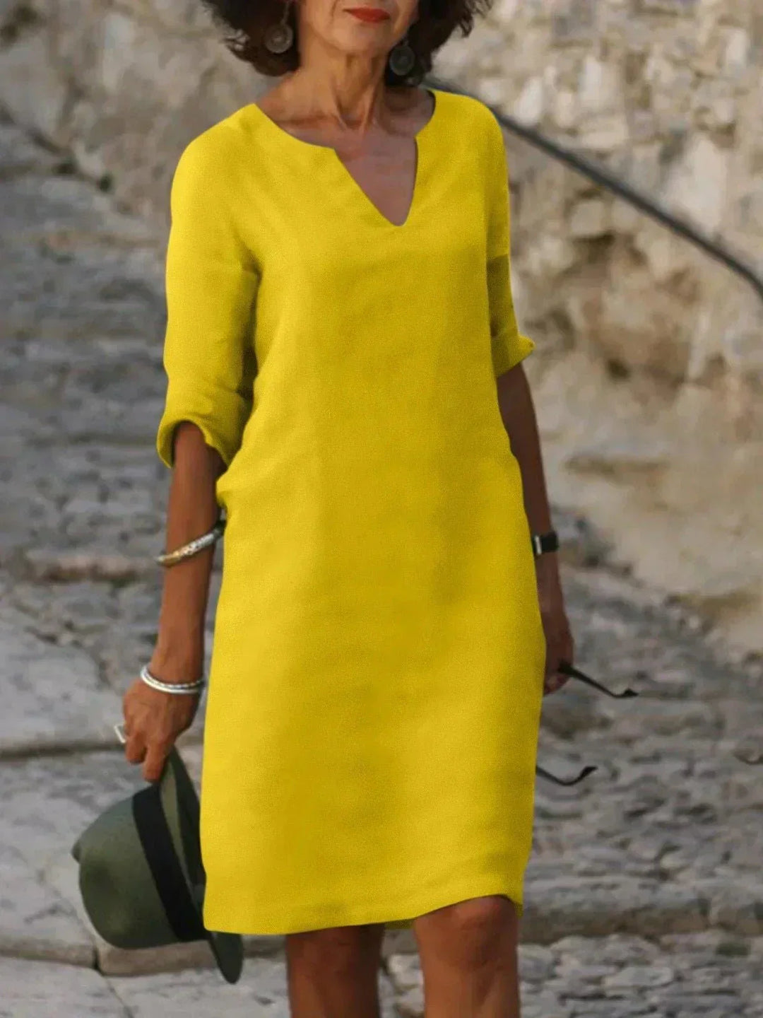 Maxi Dress with V-Neck and Three-Quarter Sleeves