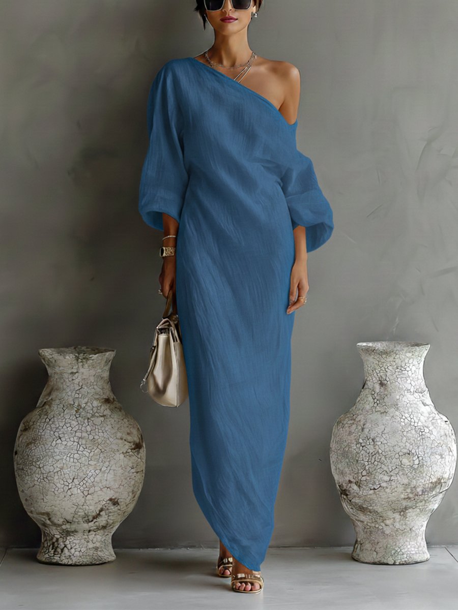 Maxi Wedding Guest Dress with One-Shoulder and Three-Quarter Sleeves