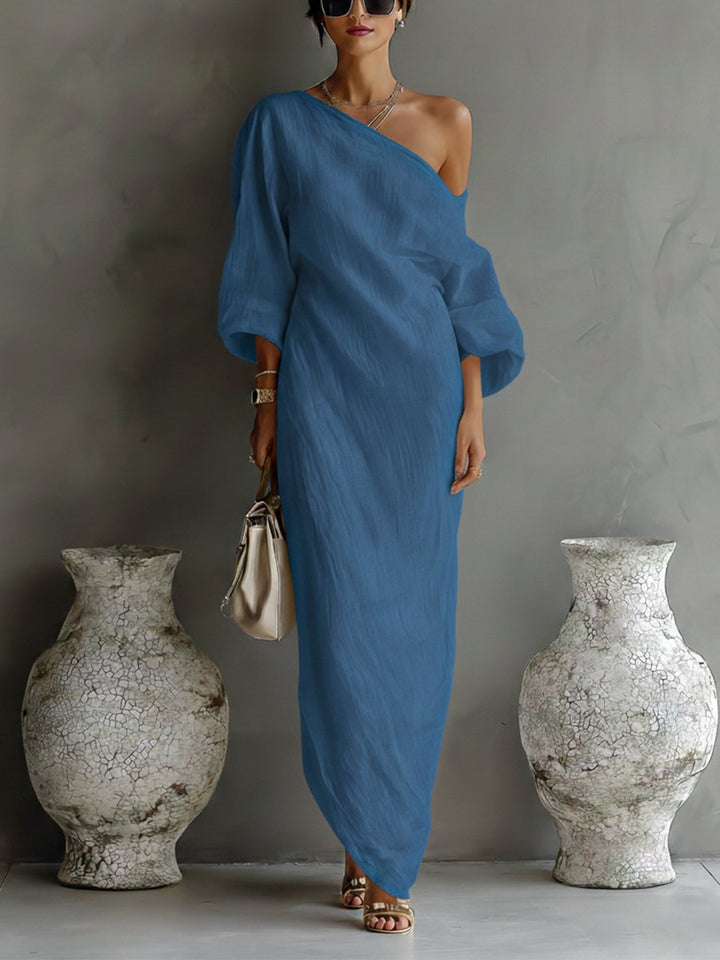 Maxi Wedding Guest Dress with One-Shoulder and Three-Quarter Sleeves
