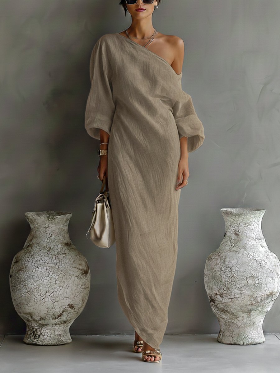 Maxi Wedding Guest Dress with One-Shoulder and Three-Quarter Sleeves