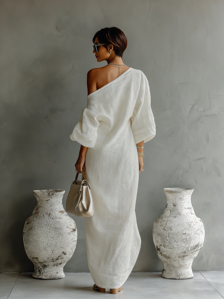 Maxi Wedding Guest Dress with One-Shoulder and Three-Quarter Sleeves