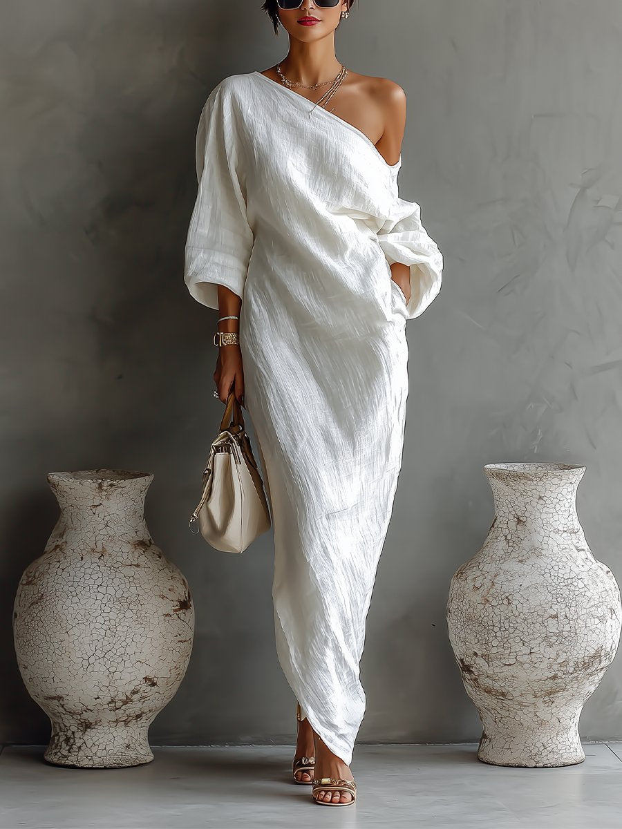 Maxi Wedding Guest Dress with One-Shoulder and Three-Quarter Sleeves
