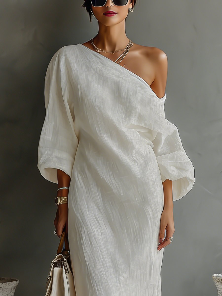 Maxi Wedding Guest Dress with One-Shoulder and Three-Quarter Sleeves