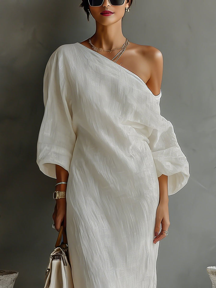 Maxi Wedding Guest Dress with One-Shoulder and Three-Quarter Sleeves