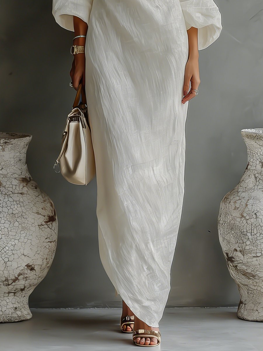 Maxi Wedding Guest Dress with One-Shoulder and Three-Quarter Sleeves