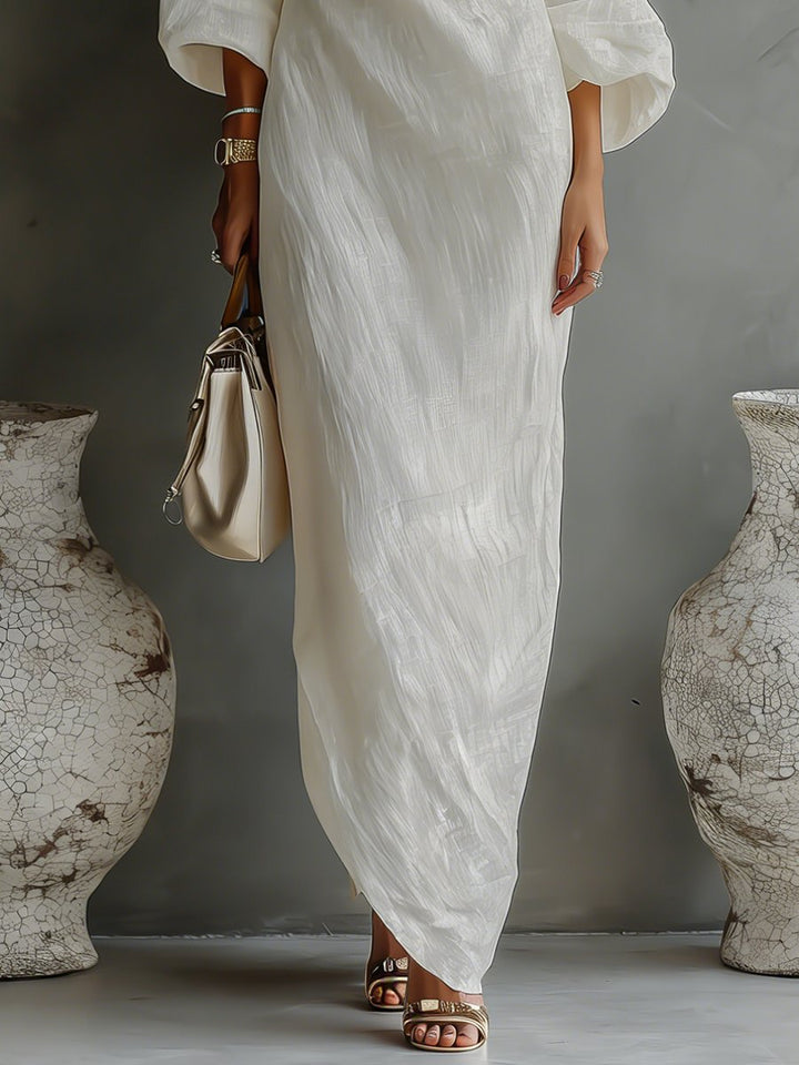 Maxi Wedding Guest Dress with One-Shoulder and Three-Quarter Sleeves