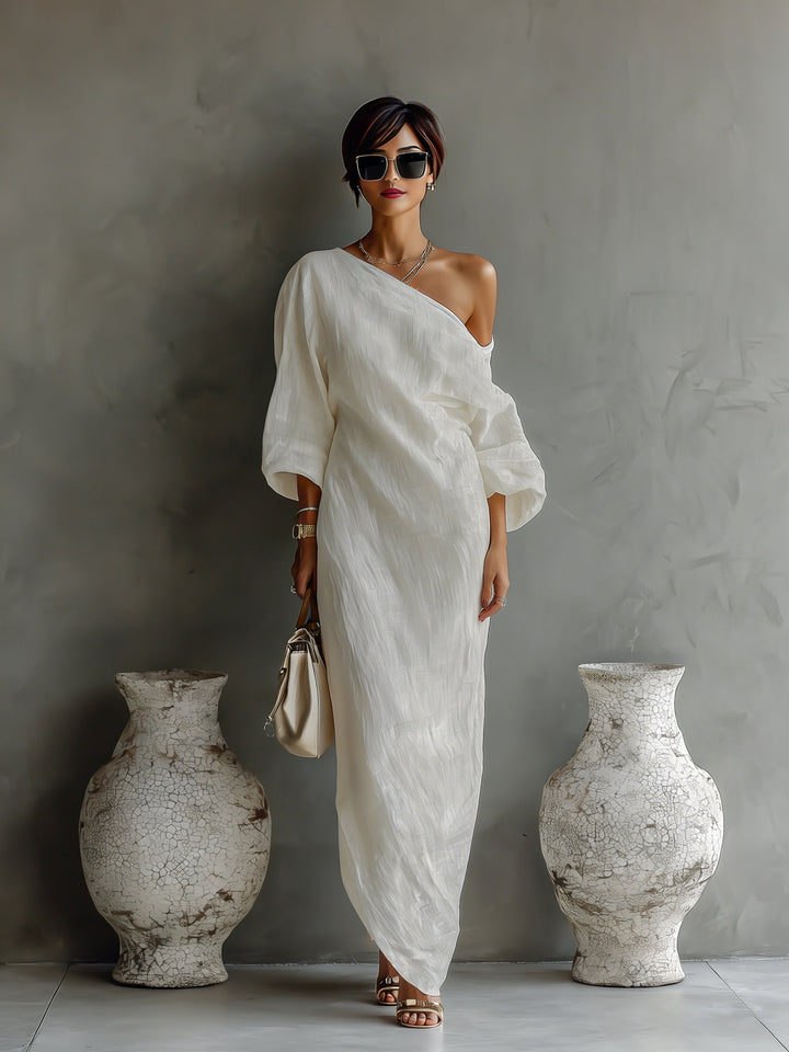 Maxi Wedding Guest Dress with One-Shoulder and Three-Quarter Sleeves