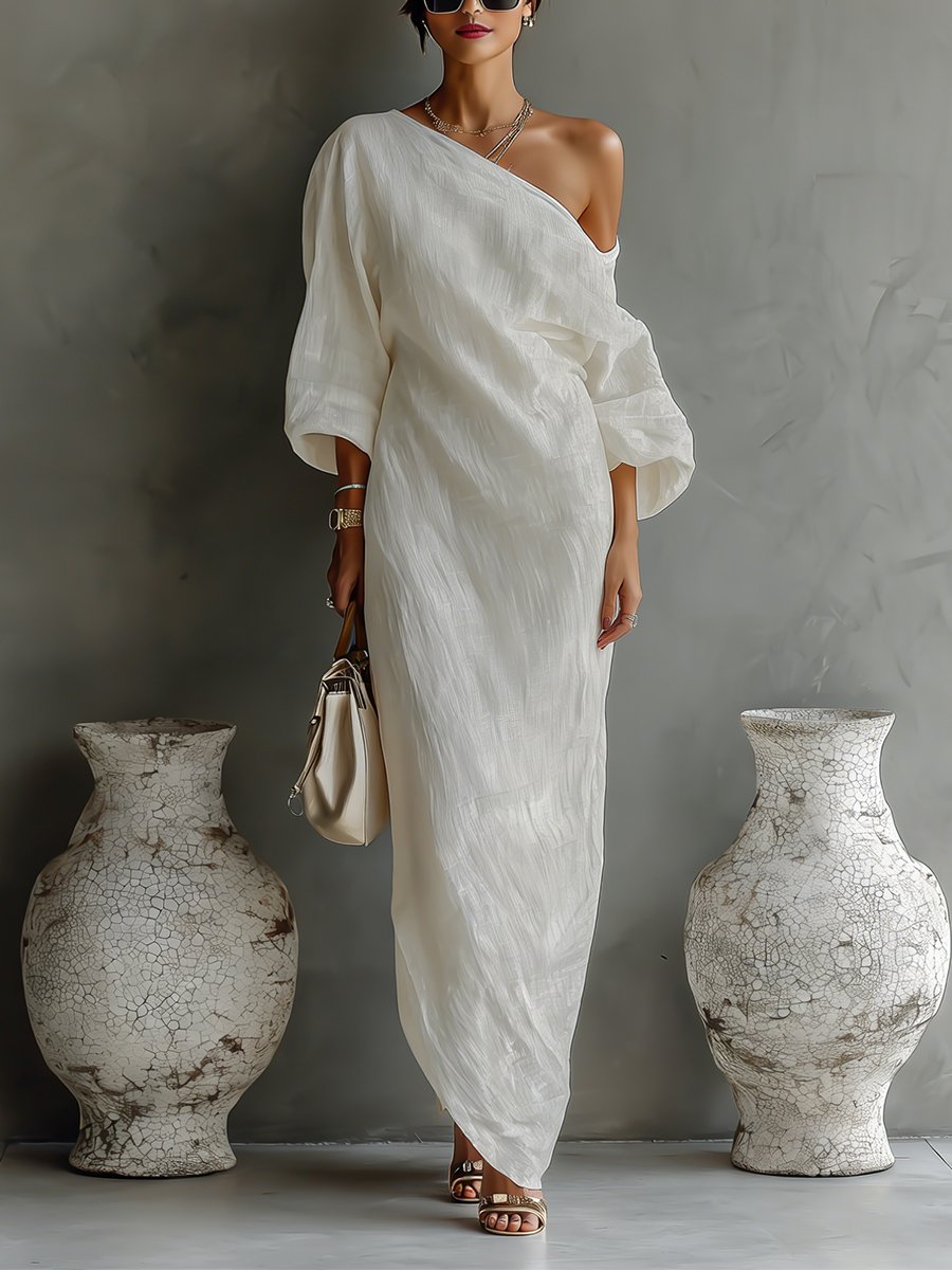 Maxi Wedding Guest Dress with One-Shoulder and Three-Quarter Sleeves