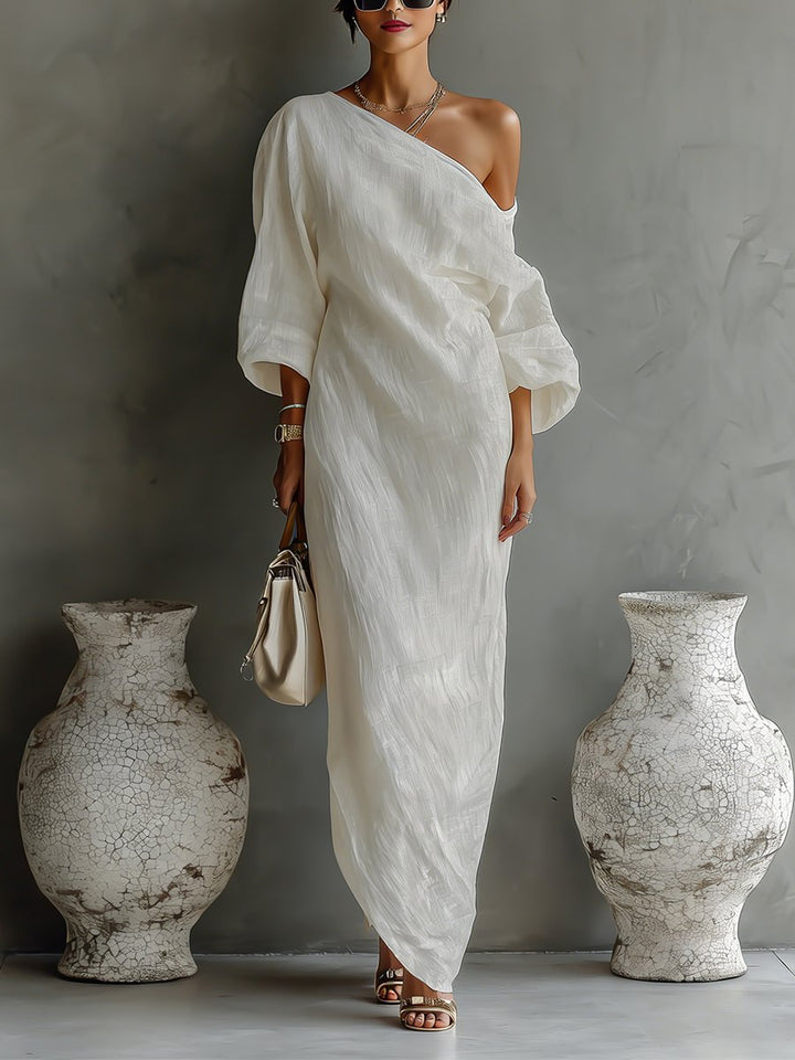 Maxi Wedding Guest Dress with One-Shoulder and Three-Quarter Sleeves