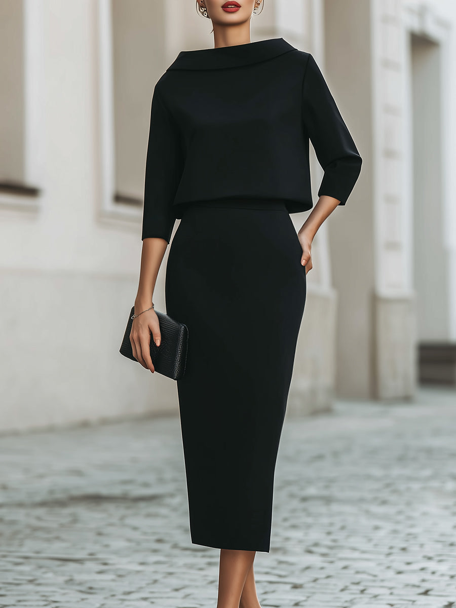 Neck Top and Midi Skirt Set