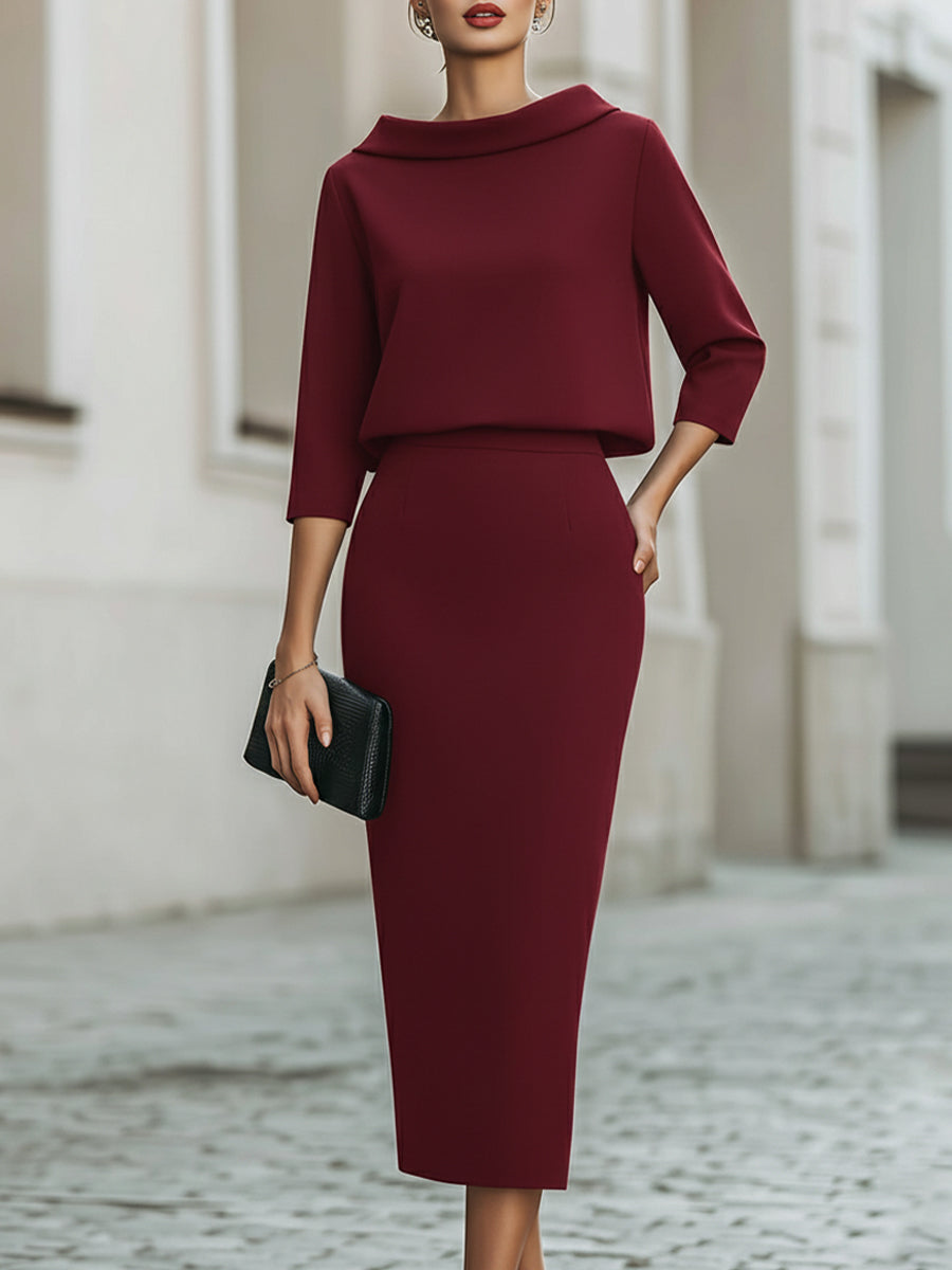 Neck Top and Midi Skirt Set