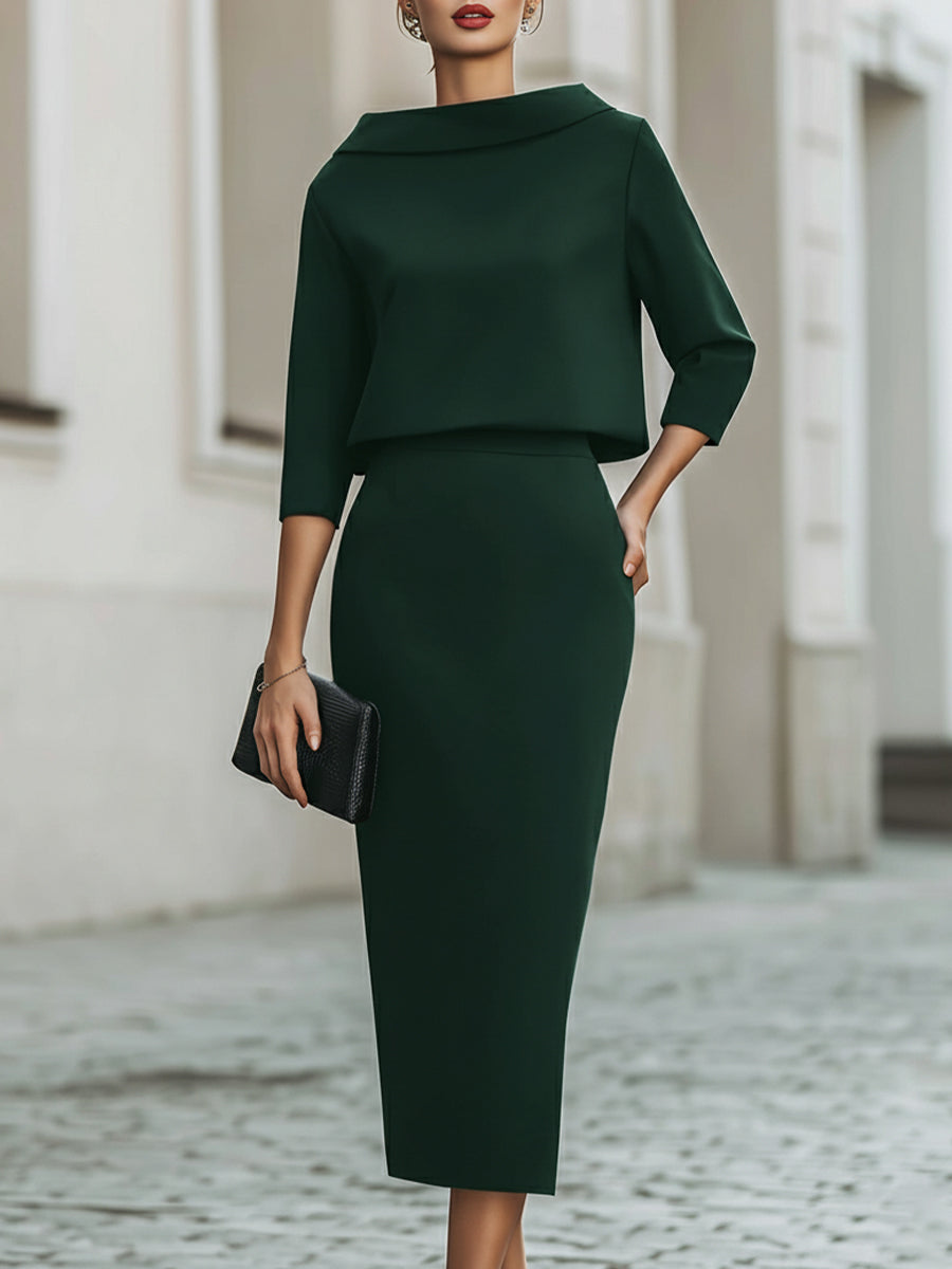 Neck Top and Midi Skirt Set