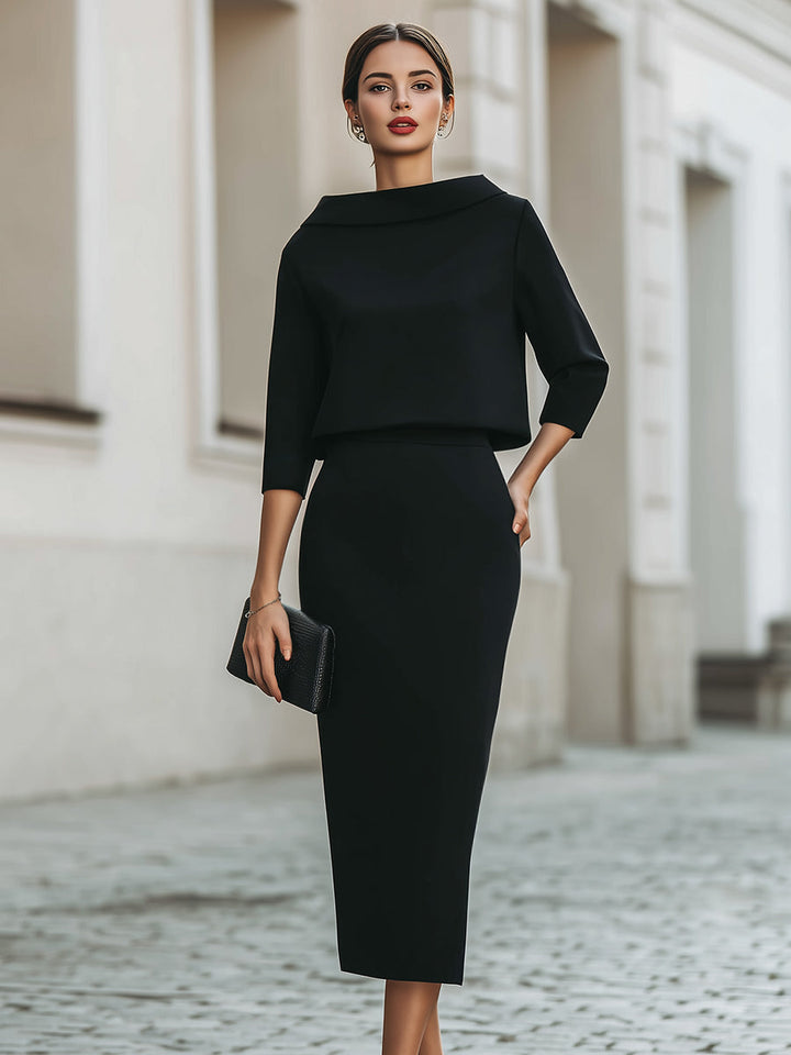 Neck Top and Midi Skirt Set