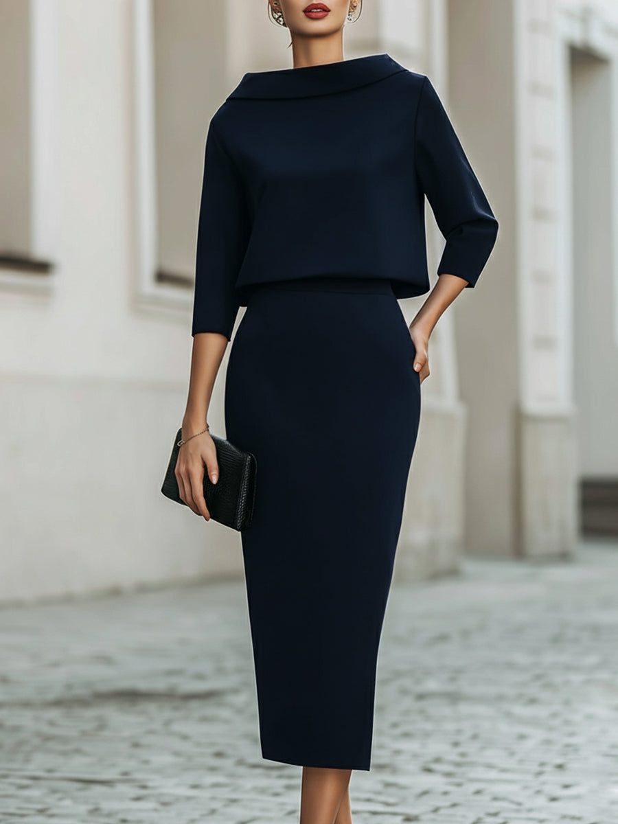 Neck Top and Midi Skirt Set