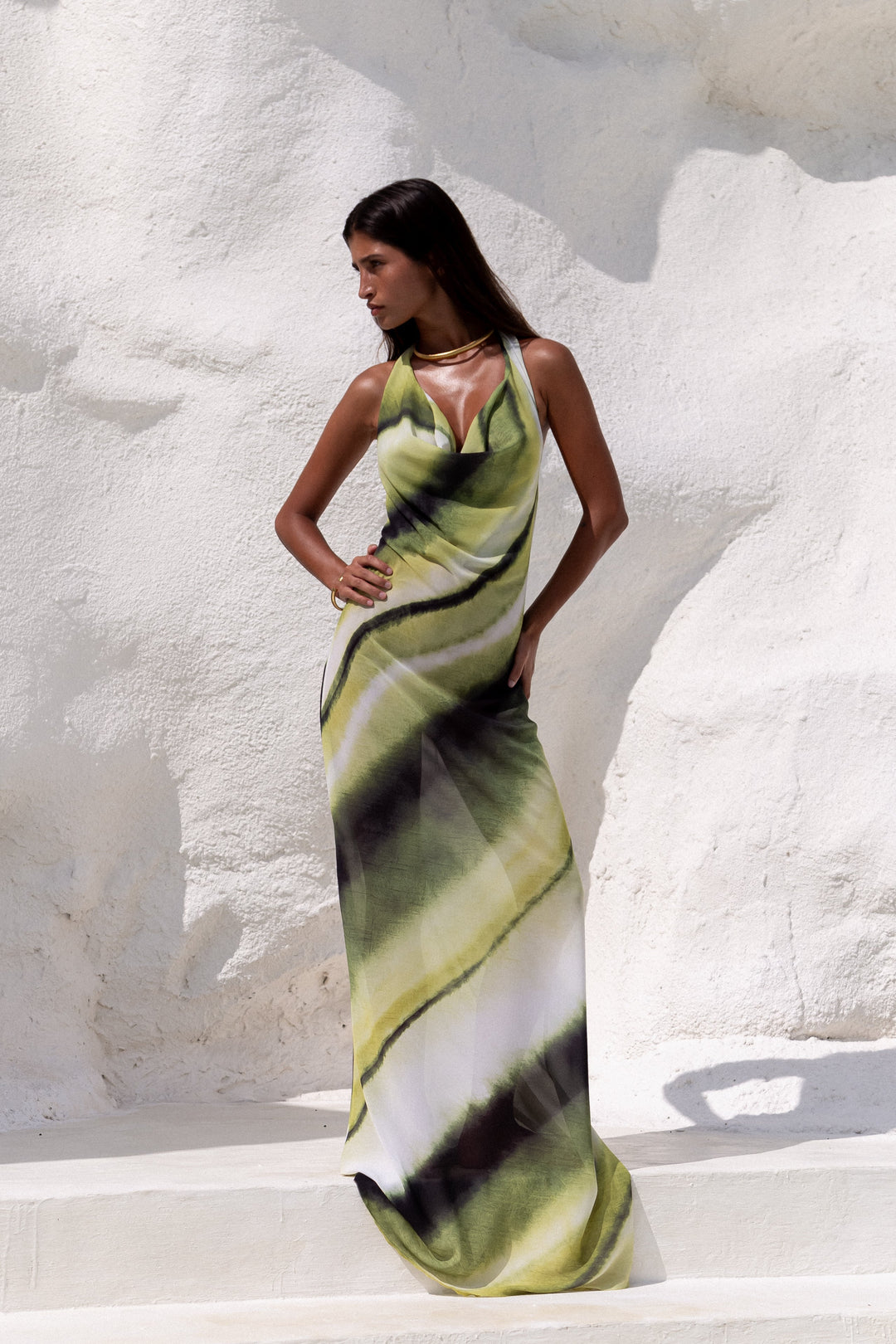 Open-Back Maxi Wedding Guest Dress with Halter Neckline and Spaghetti Straps