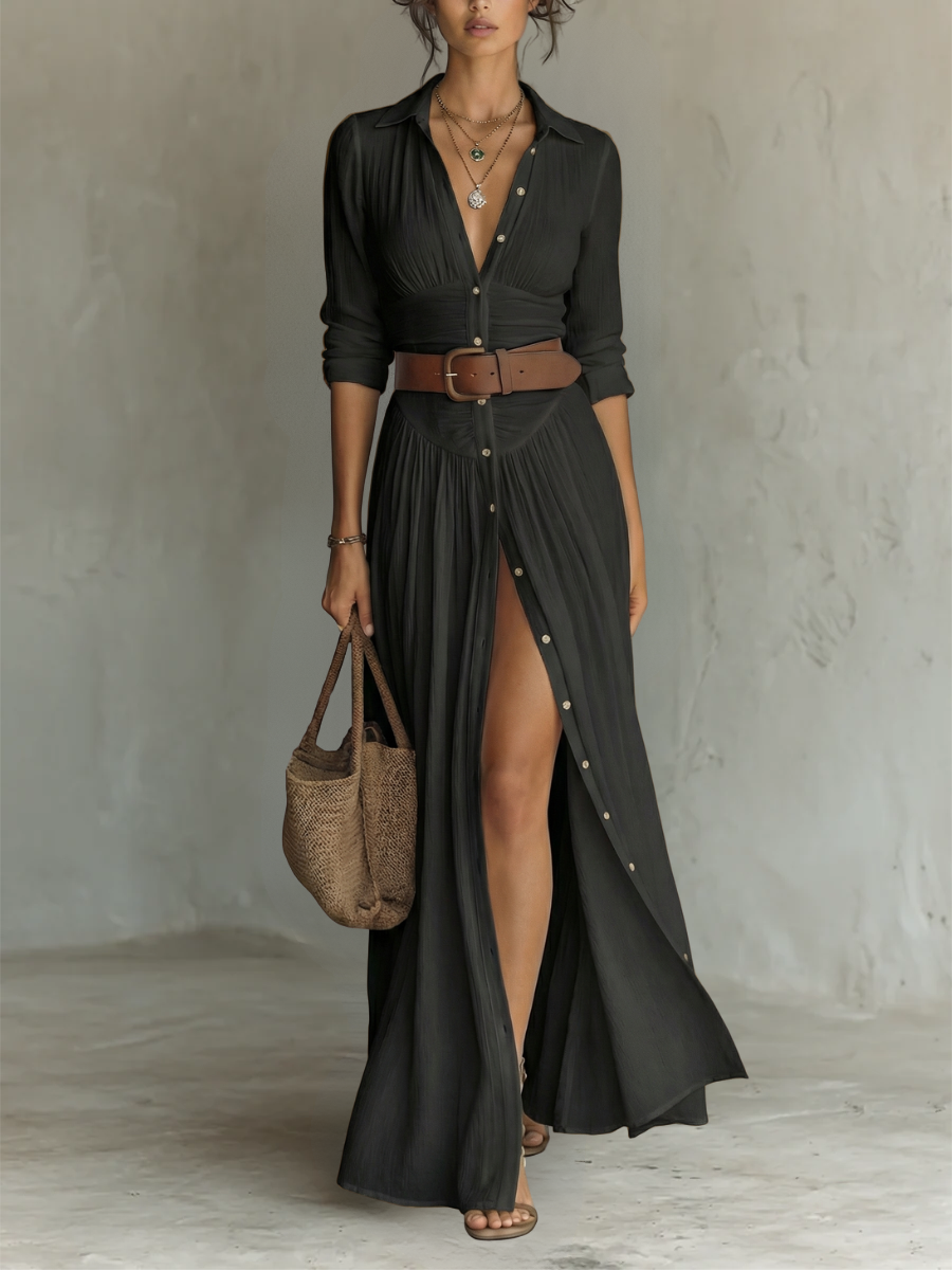 Pleated Maxi Dress with Long Sleeves