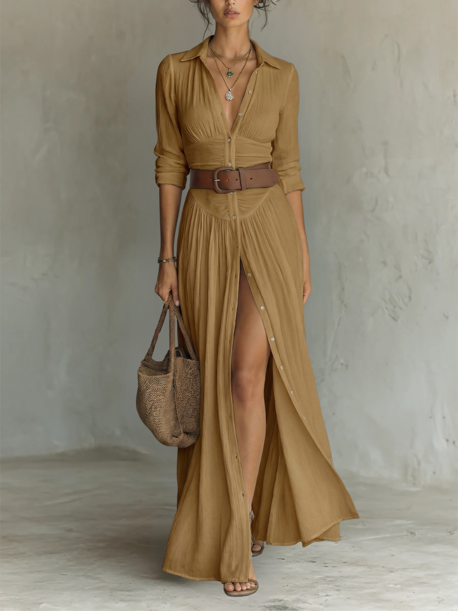 Pleated Maxi Dress with Long Sleeves